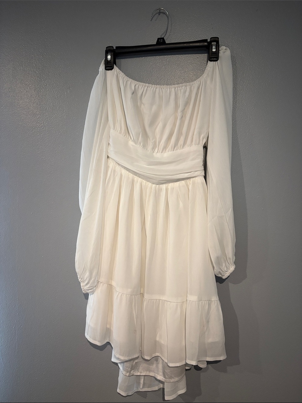 Off-Shoulder Ivory Long-Sleeve Chiffon Midi Dress